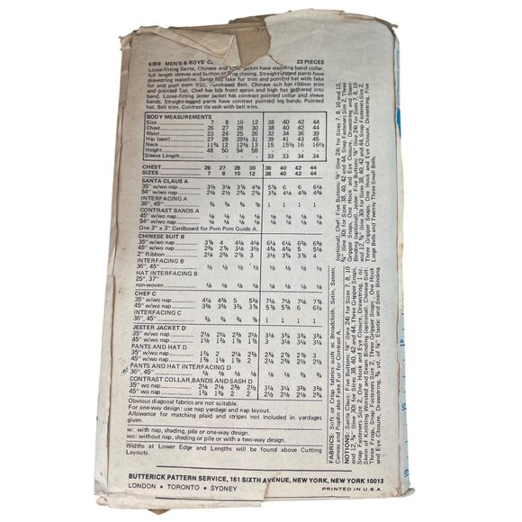 Butterick Vintage Sewing Pattern 6399 For Mens Santa Chef Chinese Jester Costume - Picture 2 of 6